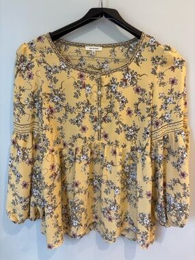 Max Studio Yellow Floral Button-Front Peasant Blouse